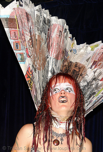 breanna at the burning man pre-compression party (san francisco), attire, bm pre-compression, breanna, burning man outfit, costume, fashion show, makeup, red hair, redhead