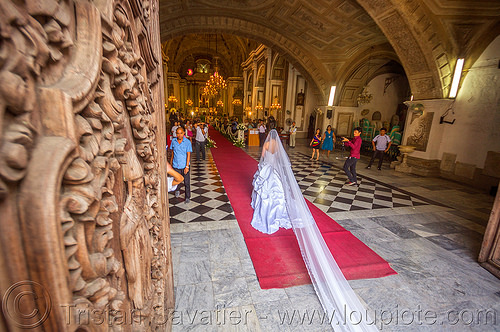 bride entering church - san augustin church - manila (philippines), bride, door, long veil, manila, red carpet, san augustin church, wedding dress, white, woman