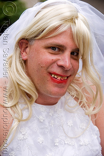 bride with bad teeth - brides of march (san francisco), bad teeth, blonde, bride, brides of march, decayed teeth, man, red lipstick, wedding, white