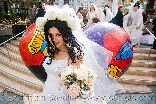 bride with bridal bouquet - brides of march (san francisco), bridal bouquet, bride, brides of march, flowers, wedding dress, white roses, woman