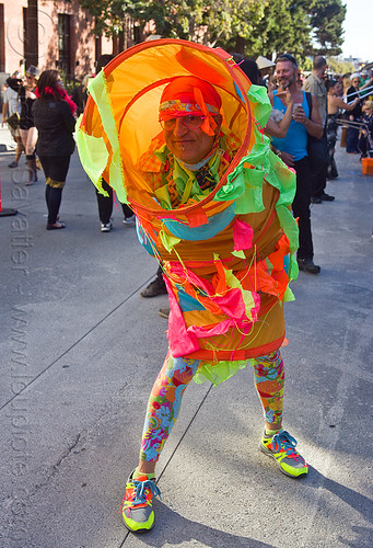 bruce beaudette with a weird pipe costume, bruce beaudette, colorful, pipe costume, stockings, tights, tube costume