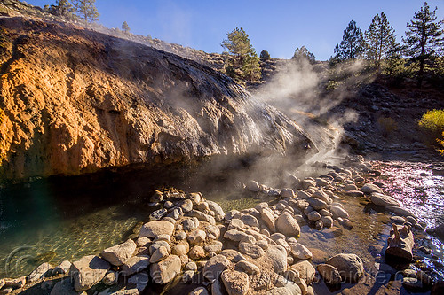 buckeye hot springs (california), buckeye hot springs, california, concretions, dripping, eastern sierra, landscape, pool, river, rocks, smoke, smoking, steam, travertine