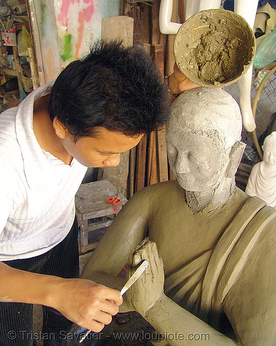 buddha statue made in statue factory - clay - vietnam, buddha image, buddha statue, buddhism, clay, concrete, nha trang, sculpture, statue factory, worker, working