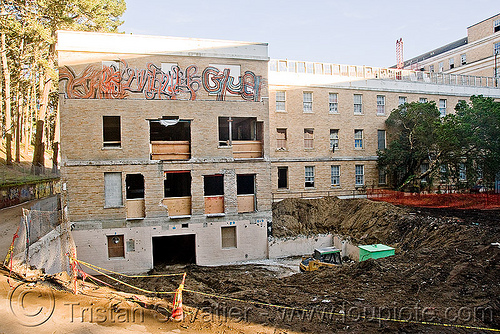 building demolition - back aisle - phsh - abandoned hospital (presidio, san francisco), abandoned building, abandoned hospital, building demolition, graffiti, presidio hospital, presidio landmark apartments