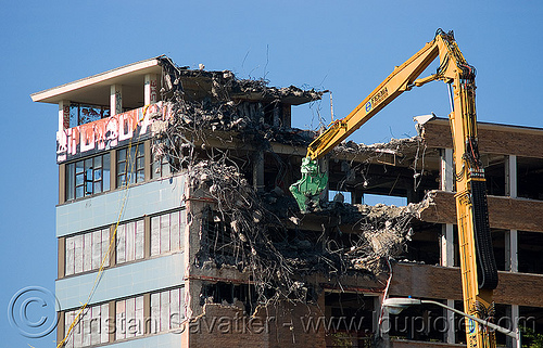 building demolition - caterpillar 385c ultra high demolition excavator, abandoned building, abandoned hospital, at work, attachment, building demolition, cat 385c, cat mp30, caterpillar 385c, caterpillar excavator, caterpillar mp30, concrete pulverizer, crane, excavators, high reach demolition, long reach demolition, presidio hospital, presidio landmark apartments, pulverizer jaws, ultra high demolition, working