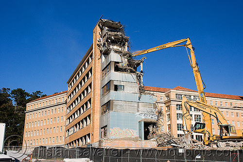 building demolition - caterpillar cat 385c ultra high demolition excavator - long reach arm and boom, abandoned building, abandoned hospital, at work, attachment, building demolition, cat 385c, cat mp30, caterpillar 385c, caterpillar excavator, caterpillar mp30, concrete pulverizer, crane, demolition excavator, high reach demolition, long reach demolition, presidio hospital, presidio landmark apartments, pulverizer jaws, ultra high demolition, working