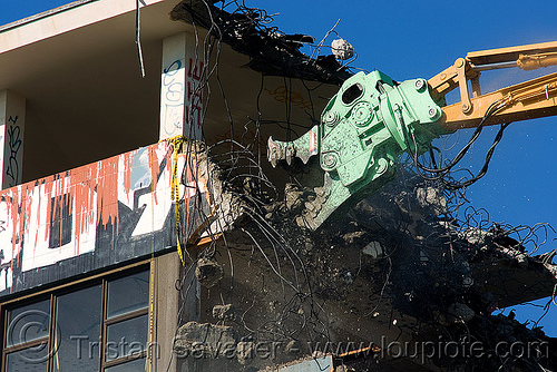 building demolition - caterpillar mp30 concrete pulverizer jaws, abandoned building, abandoned hospital, anthropomorphic, at work, attachment, building demolition, cat 385c, cat mp30, caterpillar 385c, caterpillar excavator, caterpillar mp30, concrete pulverizer, crane, graffiti, high reach demolition, long reach demolition, presidio hospital, presidio landmark apartments, pulverizer jaws, ultra high demolition, working