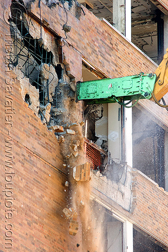 building demolition - hydraulic hammer breaker - npk e213, abandoned building, abandoned hospital, at work, attachment, building demolition, hydraulic breaker, hydraulic hammer, npk e-213, presidio hospital, presidio landmark apartments, working