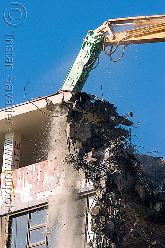 building demolition - hydraulic hammer - npk e213 - caterpillar cat 385c ultra high demolition excavator, abandoned building, abandoned hospital, at work, building demolition, hydraulic hammer, npk e-213, presidio hospital, presidio landmark apartments, working