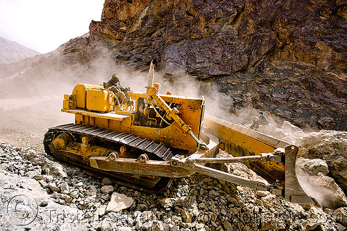 bulldozer clearing boulders - road construction - ladakh (india), at work, bd80, beml, bulldozer, dust, groundwork, ladakh, road construction, roadworks, rubble, working