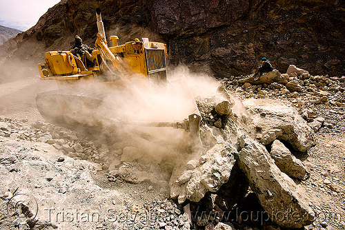 bulldozer clearing boulders - road construction - ladakh (india), at work, bd80, beml, bulldozer, dangerous, groundwork, ladakh, road construction, roadworks, rubble, working