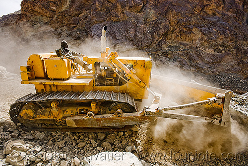bulldozer clearing boulders - road construction - ladakh (india), at work, bd80, beml, bulldozer, dust, groundwork, ladakh, road construction, roadworks, rubble, working