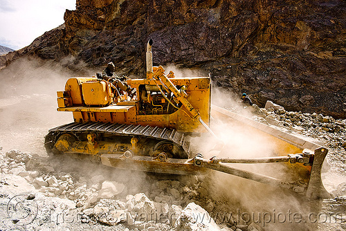 bulldozer clearing boulders - road construction - ladakh (india), at work, bd80, beml, bulldozer, dust, groundwork, ladakh, road construction, roadworks, rubble, working