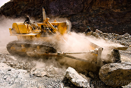 bulldozer clearing boulders - road construction - ladakh (india), at work, bd80, beml, bulldozer, dust, groundwork, ladakh, road construction, roadworks, rubble, working