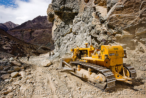 bulldozer clearing boulders - road construction - ladakh (india), at work, bd80, beml, bulldozer, groundwork, ladakh, road construction, roadworks, rubble, working