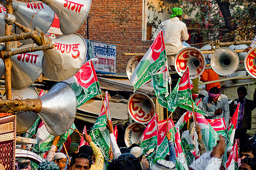 bullhorns and muslim flags - eid-milad-un-nabi muslim festival (india), bullhorns, crowd, eid e milad un nabi, eid e milād un nabī, islam, loudspeakers, mawlid, men, muhammad's birthday, muslim festival, muslim parade, nabi day, prophet's birthday, sound, speakers, عید میلاد النبی, ईद मिलाद नबी