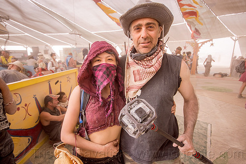 burning man - 360-degree spherical mount with 6 gopro cameras, bandana, freedom360, gopro, hat, man, pole, video camera, woman