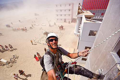 burning man - abseiling wall street, abseiling, buildings, climbing harness, climbing helmet, descender, descendeur, dust storm, haboob, man, mountaineering helmet, petzl, rappelling, rock climbing, selfie, selfportrait, single rope, static rope, vertical, wall street, white out