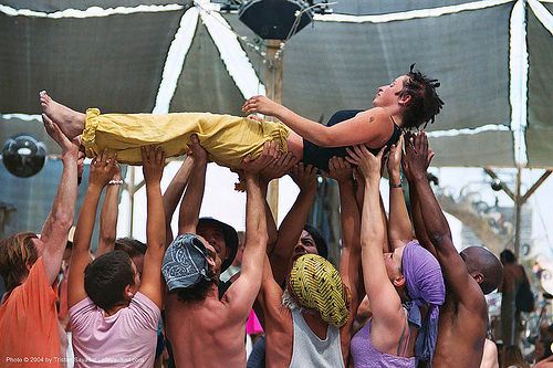 burning man - acro-yoga at center camp, acro-yoga, crowd, held up, holding up, laying down, rian, ryan, woman