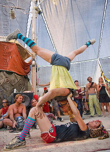 burning man - acrobatics at the center camp cafe, acrobatics, acrobats, ee magic circus band, environmental encroatchment, kate, man, performers, woman