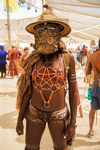 burning man - african american woman, african hat, attire, burning man outfit, goggles, leather straps, straw hat, woman