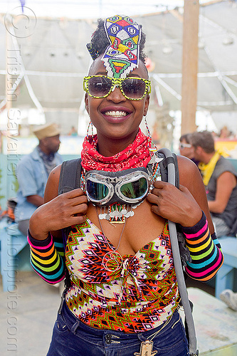burning man - african woman, attire, burning man outfit, colorful, goggles, headdress, sunglasses, woman