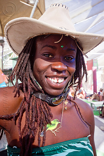 burning man - alua from ghana, alua, attire, bindi, bird necklace, black woman, burning man outfit, dreadlocks, goggles, hat