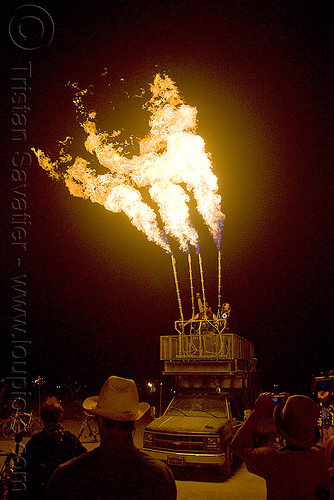 burning man - art car shooting flames - fire cannon, art car, burning man art cars, burning man at night, controlled burn, fire cannon, mutant vehicles