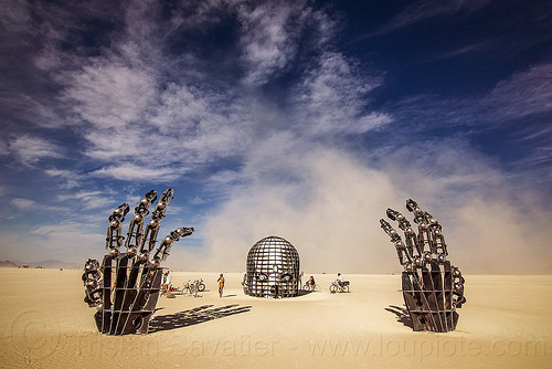 burning man - awakening, art installation, awakening, hands, head, skull