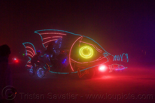 burning man - babel fish art car, babel fish art car, burning man art cars, burning man at night, dust storm, el-wire, glowing, mutant vehicles, white out