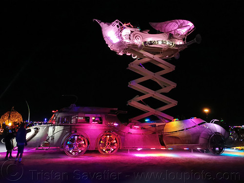 burning man - balanceville art car, balanceville  art car, burning man art cars, burning man at night, mutant vehicles