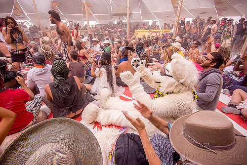 burning man - balinese monkey chant workshop, animal costume, attire, burning man outfit, cosplay, crowd, fur, furry, kecak, ketjak, mblade akita, monkey chant, polar bear, white