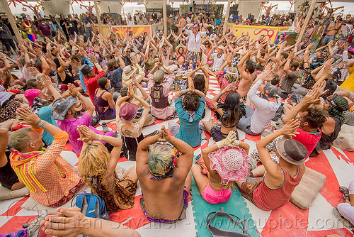 burning man - balinese monkey chant workshop, crowd, hands up, kecak, ketjak, monkey chant, raised hands