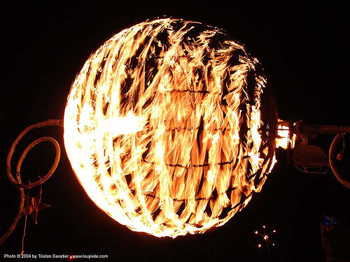 burning man - ball of fire, art installation, ball, burning man at night, fire, flaming lotus, sphere