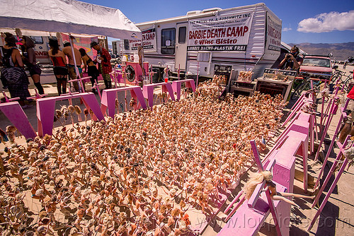 burning man - barbie death camp, barbie death camp, barbie dolls, concentration camp