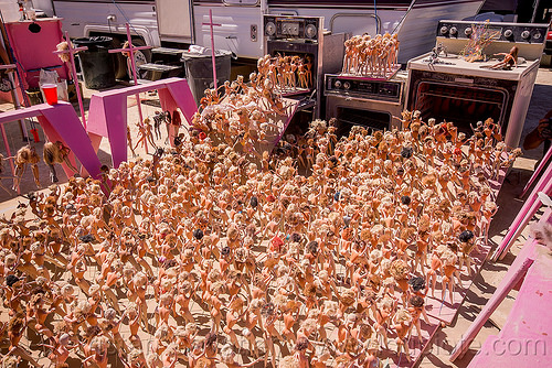 burning man - barbie dolls pushed into gas ovens - barbie death camp, barbie death camp, barbie dolls, ovens