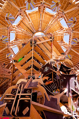 burning man - bee here now! - under the man, art installation, base, bee here now!, inside, interior, pedestal, sculpture, the man, wood, wooden frame
