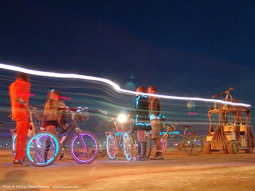 burning man - bicycles decorated with el-wire, bicycles, bikes, burning man at night, el-wire, electroluminescent wire