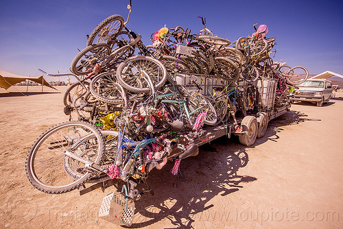 burning man - bicycles on trailer - exodus, bicycles, bikes, exodus, heap, stack, trailer