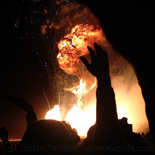 burning man - big propane gas explosion, burning, explosion, fire, night of the burn, silhouettes, the man