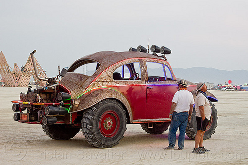 burning man - bigred beetle, art car, burning man art cars, men, mutant vehicles