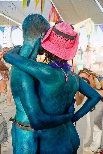 burning man - body-painted couple - a & j, blue, body art, body paint, body painting, man, pink hat, straw hat, woman
