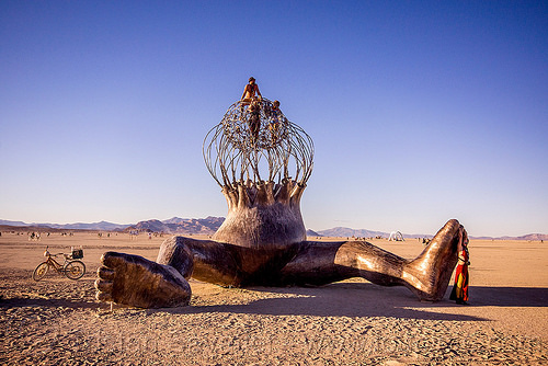 burning man - brainchild, art installation, brainchild, cage, giant baby, michael christian, sculpture, sitting