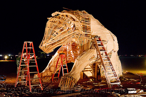 burning man - bull wooden frame, art installation, burning man at night, c.o.r.e., circle of regional effigies, construction, core project, ladders, reincarnation, reincownation, sculpture, wood, wooden frame