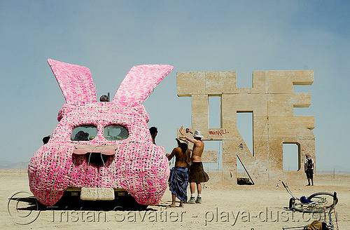 burning man - bunny car at the end - bunny mobile - bunny van, art car, bunny car, bunny mobile, bunny van, burning man art cars, lorry, mutant vehicles, pink, plush, rabbit, truck