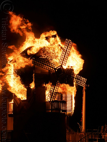 burning man - burn of the folly windmill, art installation, burning man at night, fire, the folly, windmill