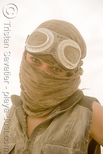 burning man - burner at center camp during dust storm, dust storm, eyes, goggles, playa dust, scarf, whiteout, woman