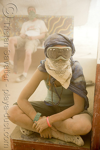 burning man - burner at center camp during dust storm, dust storm, goggles, playa dust, whiteout, woman