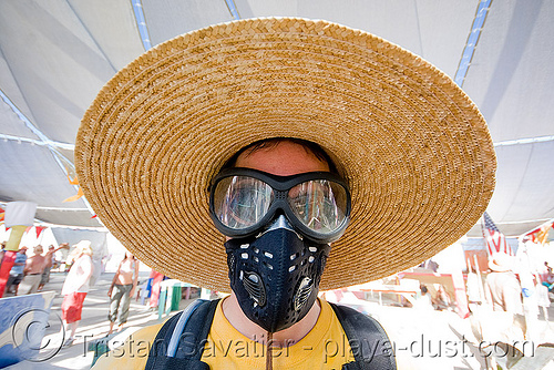 burning man - burner with straw hat and dust mask - respirator, 3m respirator, attire, burner, burning man outfit, dust mask, goggles, straw hat