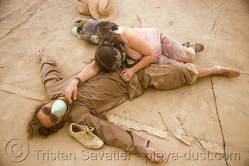 burning man - burners at center camp during dust storm, dust storm